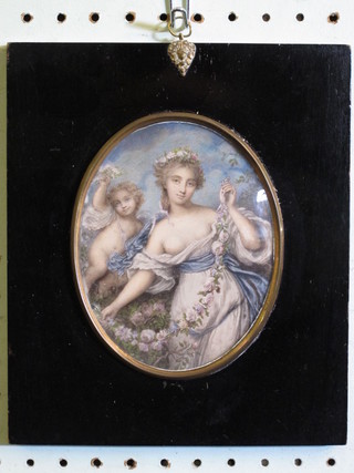 A portrait miniature "Classical Lady with Garland and Child" 5" oval, contained in an ebonised frame, the reverse inscribed by  Cruickshank