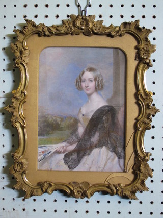 A portrait miniature "Seated Noble Woman with Fan" the reverse  marked Frederick Cruickshank" 8" x 6", panel cracked, contained in a decorative gilt mounted frame