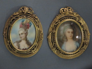 2 portrait miniatures on ivory "Noble Ladies", 1 signed Bruce  Wilke, contained in gilt frames 3" oval
