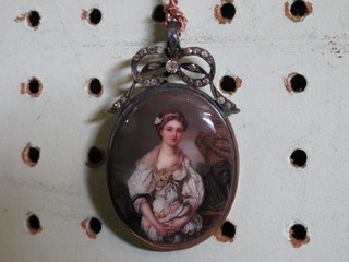An oval portrait miniature on porcelain plaque "Standing Lady" indistinctly signed to bottom left hand corner