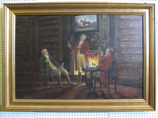 Oil on canvas "Interior Scene, After The Hunt with Standing Gentleman" 23" x 35" contained in a gilt frame, indistinctly  signed