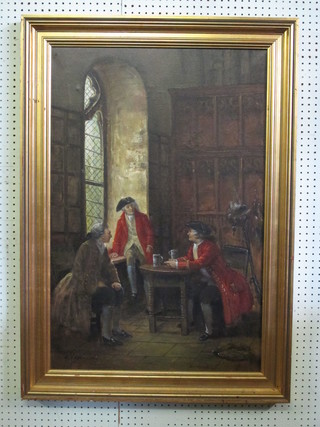 Oil on canvas "17th/18th Century Interior Scene with Seated  Gentleman" 35" x 23", indistinctly signed