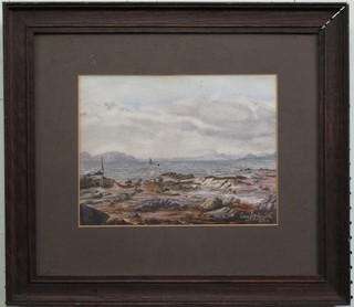 Edwin J McNaughton, watercolour "Shore Scene with Fishing  Boats and Mountains in Distance" 7" x 10"
