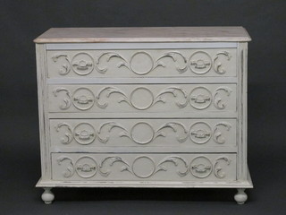 A Continental white painted chest of 4 drawers with white veined  marble top, raised on turned supports 41"