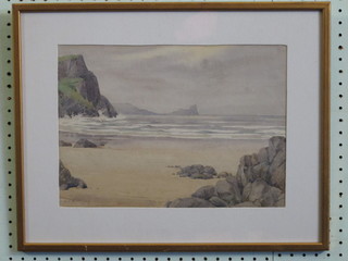 H V Simmons, watercolour "Seascape with Beach and Cliffs"  10" x 13 1/2"
