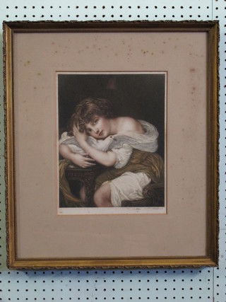 An 18th/19th Century coloured print "Seated Classical Boy and  Dove" 11" x 9"