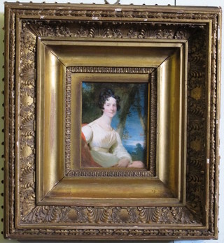 A portrait miniature "Seated Lady" 5" x 4", contained in a  wooden frame, the reverse marked Robertson and labelled H J  Cotton,