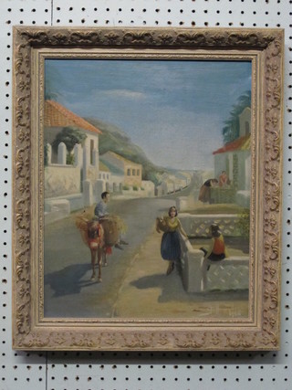 Henandes, oil on board, "Impressionist Continental Street Scene with Donkey and Figures" 15" x 12"