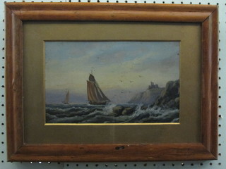 Victorian oil on board "Sailing Ships by a Rocky Coast Line" 6"  x 10", contained in a maple frame