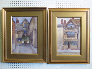 G F Nicholls, pair of watercolour drawings "Street Scenes with Figures Walking" 13" x 10" and "Harvard House, Stratford  Upon Avon"