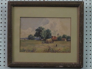 R F Goddard, watercolour drawing "Harvest Scene, Hay Making  Near Stratford Upon Avon 1972" 7" x 10"