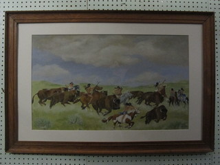 J Barrell, oil on card "Red Indian Scene" 15" x 24"