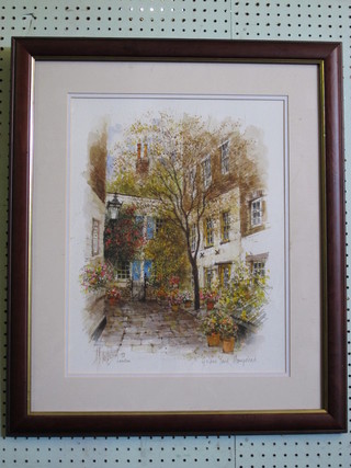 Alex Jawdokimov, signed coloured print "Golden Yard  Hampstead", the reverse with press clipping 19" x 14"