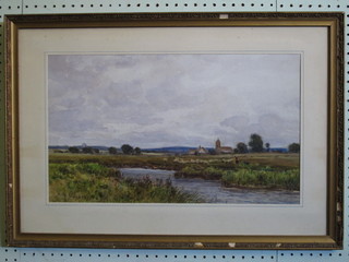 A Y Rushton, watercolour drawing "Study of a River with  Church in Distance" 11" x 19"