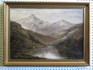 A E Mathews, Victorian oil on board "Mountain with Loch with  Figures Fishing" 13" x 19"