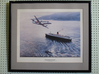 L William, a limited edition coloured print "The First Jet Stream 41 Airliner, Over Flying the QEII on the Clyde Estuary" signed  in the margin 16" x 19"