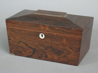 A Victorian rosewood lozenge shaped twin compartment tea  caddy with glass mixing/sugar bowl, 11"