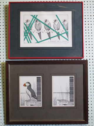Drew, a coloured print "Parrot on a Perch" 7" x 11" and 1 other "Puffin"
