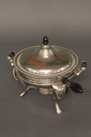 A silver plated twin handled chafing dish complete with stand