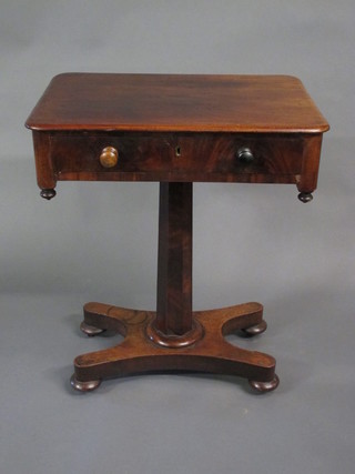 A Victorian mahogany rectangular side table, fitted a frieze  drawer, raised on a chamfered turned column with triform base  25"