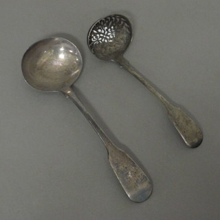 A Georgian silver fiddle pattern sauce ladle, London 1827,  together with a Georgian fiddle pattern sifter spoon, 2 ozs