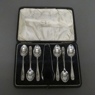A set of 6 Art Deco silver coffee spoons and matching tongs, Birmingham 1931, 3 ozs, cased