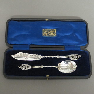 A silver butter knife Sheffield 1902 and a silver jam spoon, Sheffield 1912, cased