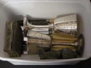 2 silver plated goblets and 12 tea knives, an antimony box and 2 metal figures of birds