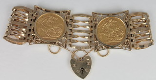 2 Victorian 1889 sovereigns set in a gate bracelet