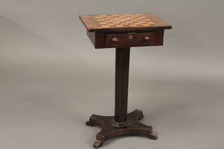 A William IV rectangular mahogany occasional table, the top set  a chessboard, the base fitted a drawer, raised on a chamfered  column and triform base 16"