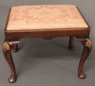 A Queen Anne style rectangular walnut stool with upholstered  drop in seat, raised on cabriole supports 22"
