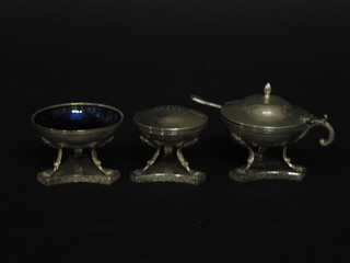 A handsome Roman style 3 piece condiment set comprising  cylindrical salt, pepper and mustard pot, raised on 3 hoof supports with triform base 1922, 4 ozs