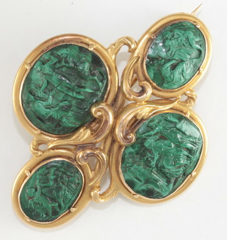A 19th Century gilt metal and carved malachite brooch set 4 panels depicting classical scenes