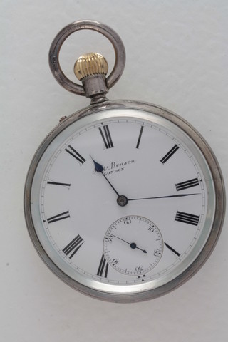 An open faced pocketwatch by J W Benson contained in a silver  case