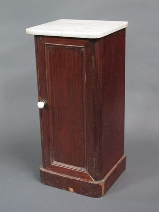 A Victorian D shaped mahogany pot cupboard with white veined marble top, raised on a platform base 14"