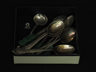 A Georgian silver mustard spoon, 6 Mexican white metal and  carved hardstone coffee spoons and a small collection of other  coffee spoons