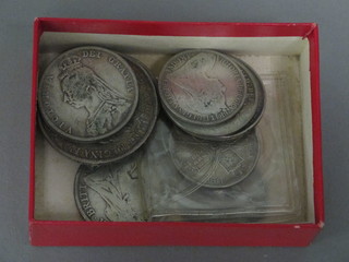 A Victorian 1893 crown, 7 various silver half crowns and 6  Victorian silver florins