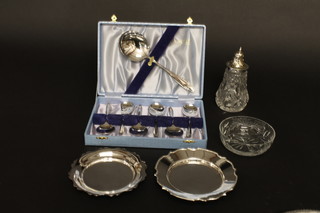 6 chromium plated fruit spoons and server, a silver plated butter dish with cut glass dish, a sugar sifter with plated mount
