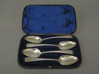 A set of 4 George III silver Old English pattern serving spoons, London 1802, 7 ozs, cased