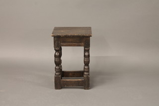 A square oak joyned stool raised on turned and block supports  11"