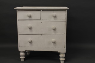 A 19th Century white painted pine chest of 2 short and 3 long drawers, raised on turned supports 33"