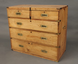 A pine and brass banded military chest of 2 short and 3 long drawers with brass counter sunk handles 39"
