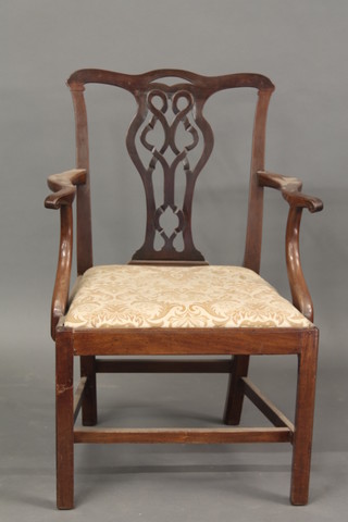 A 19th Century Chippendale style mahogany carver chair with  pierced vase shaped and upholstered drop in seat