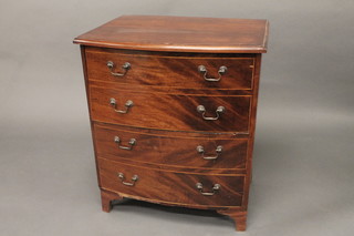 A 19th Century inlaid mahogany bow front chest commode with  hinged lid, complete with china liner, raised on bracket feet 25"