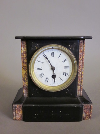 A Victorian French mantel clock with enamelled dial and Roman numerals contained in a 2 colour marble architectural case