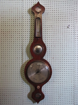 A 19th Century mercury barometer and thermometer with damp/dry indicator, spirit level and convex mirror contained in a  rosewood wheel case  ILLUSTRATED