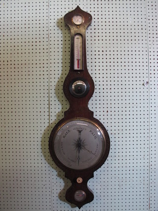 A 19th Century mercury wheel barometer and thermometer with damp/dry indicator, convex mirror, spirit level and silvered dial  contained in a painted rosewood case