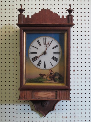 A 19th Century Continental hanging wall clock, the 7" rectangular painted dial with Roman numerals and decorated a  figure of a seated Shepherdess, contained in a walnut case
