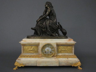A handsome French 19th Century 8 day striking mantel clock  contained in an ormolu and white veined marble case with gilt  panels depicting classical scenes, surmounted by a bronze figure  of a classical seated lady, the bronze figure marked Schoenewerk   ILLUSTRATED