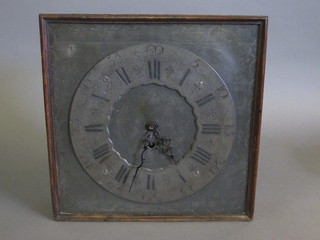 A pewter square longcase clock dial 12", with silvered chapter  ring and Roman numerals, contained in an oak case and with  later movement